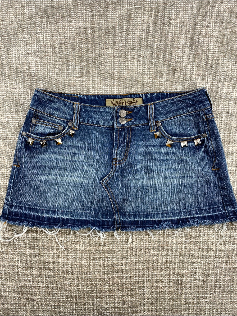 Juniors Stud-Embellished Blue Denim Mini Skirt